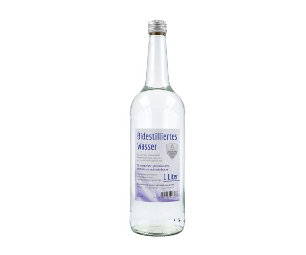 Bidestilliertes Wasser, Aqua bidest, 1 Liter in Glasflasche